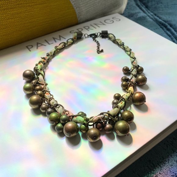 Flowered Ribbon & Brass Bead Statement Necklace - Picture 10 of 14